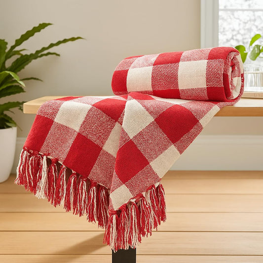 Red & White Checkered Cotton Throw – 130×170 cm