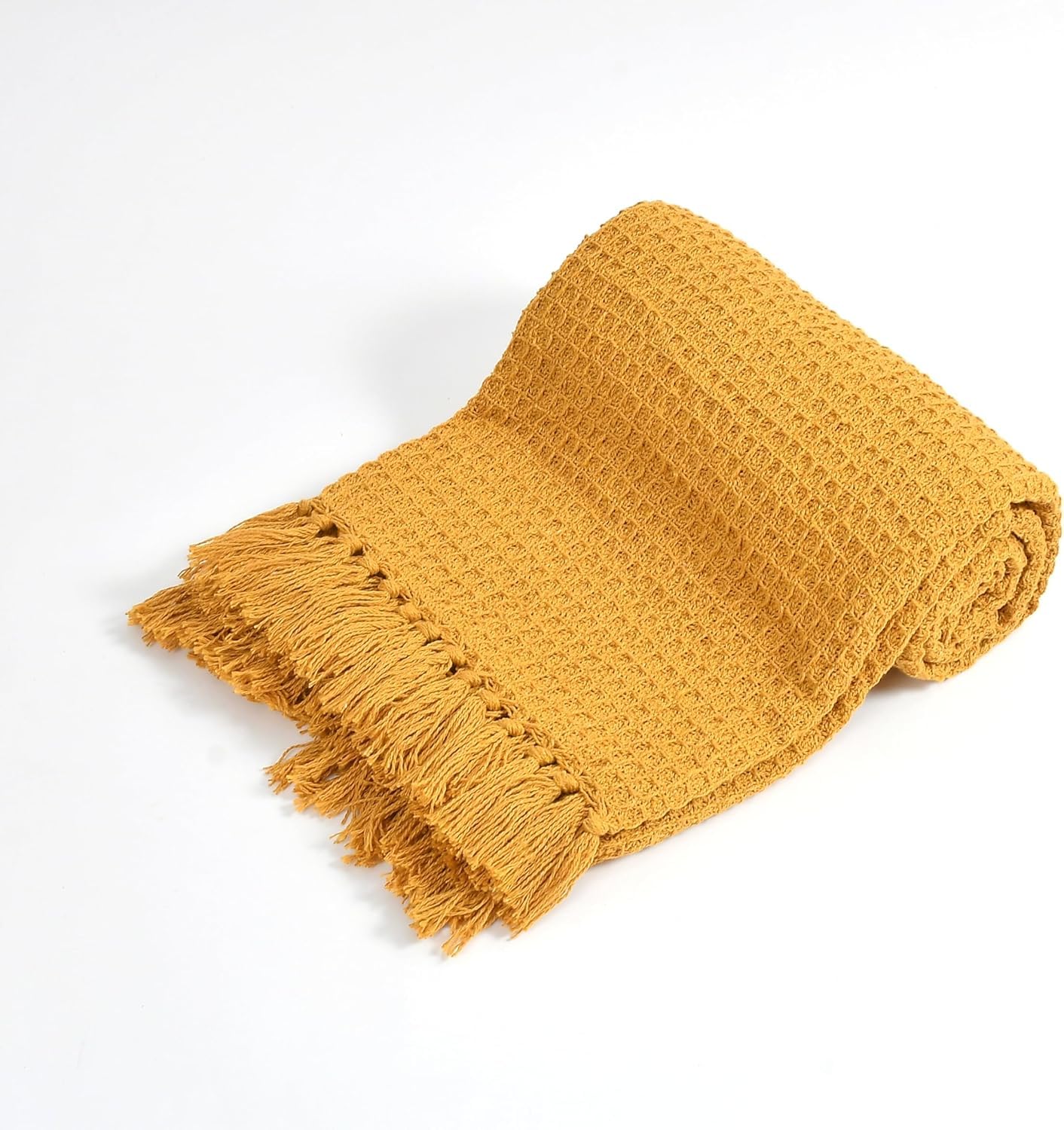 Mustard Waffle Cotton Throw Blanket with Tassels | Sofa & Bed Decorative Throw | Weavers Hut