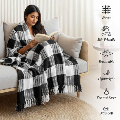 Handwoven Cotton Throw Blanket – Black & White Checkered | Soft Sofa & Bed Throw with Tassels (130×170 cm)