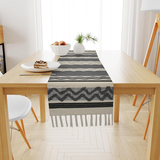 Tufted Cotton Table Runner 40×220 cm – Handcrafted Boho Striped & Chevron Design with Tassels