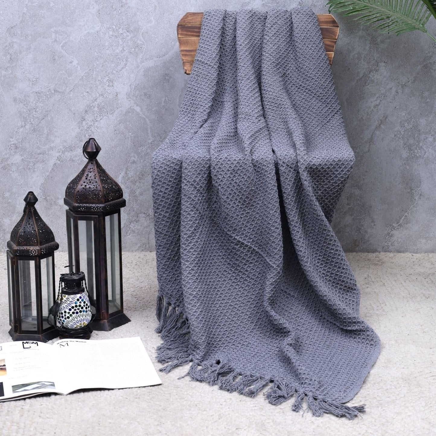 Grey Waffle Weave Cotton Throw Blanket with Tassels | Sofa & Bed Throw | 125 x 150 cm