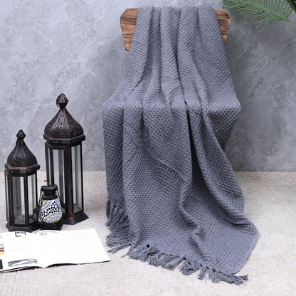 Grey Waffle Weave Cotton Throw Blanket with Tassels | Sofa & Bed Throw | 125 x 150 cm