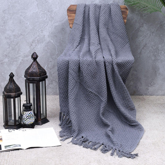 Grey Waffle Weave Cotton Throw Blanket with Tassels | Sofa & Bed Throw | 125 x 150 cm