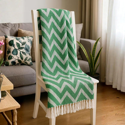 Zigzag Pattern Cotton Throw with Tassels – Green | 130×170 cm