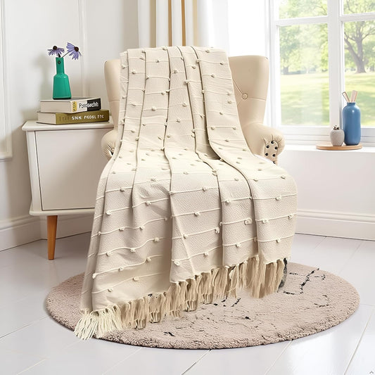 Premium Textured Cotton Throw Blanket with Tassels – 130×180 cm | Soft Sofa & Bed Throw