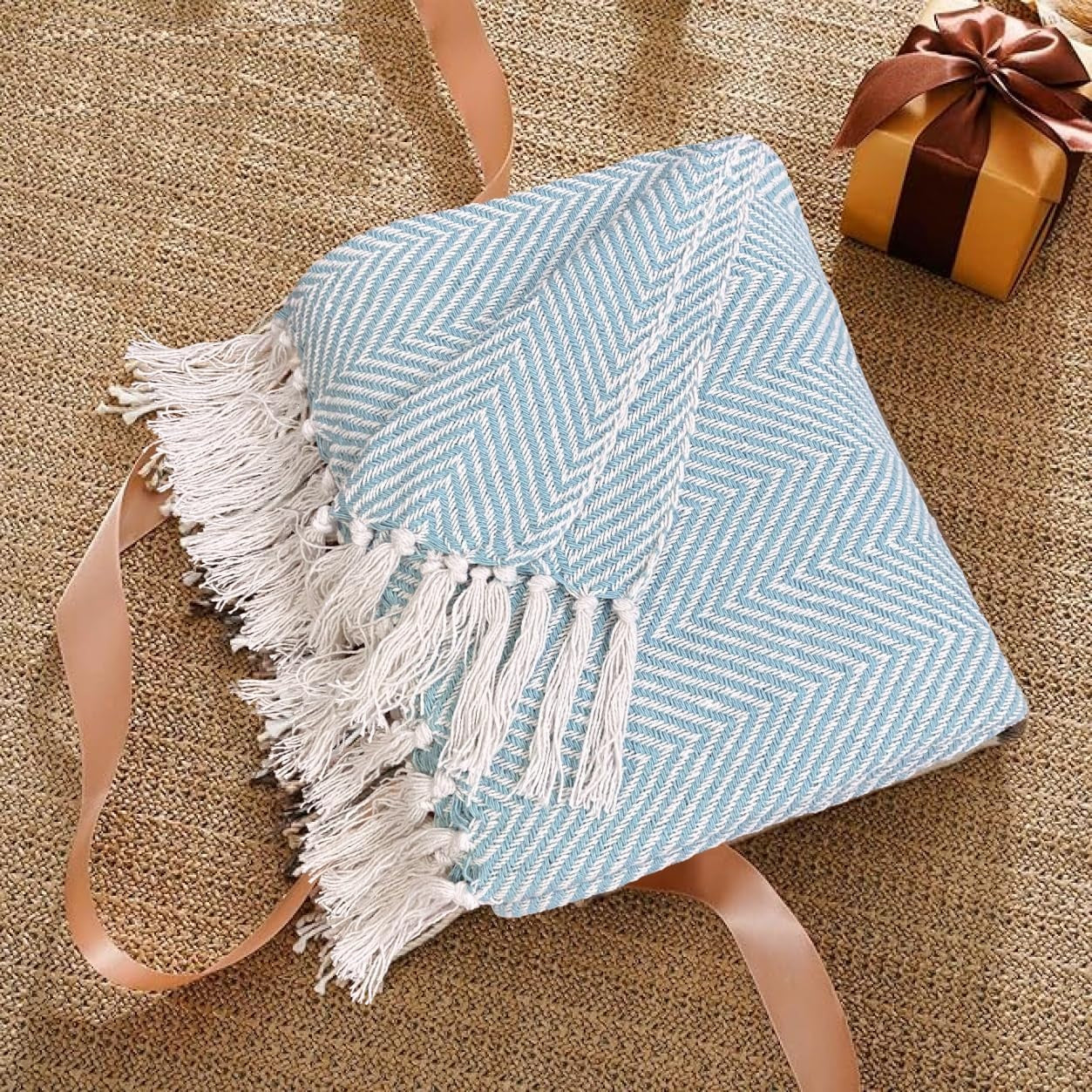 Sky Blue Zig Zag Chevron Cotton Throw Blanket - (125×150 cm / 50×60 inches)