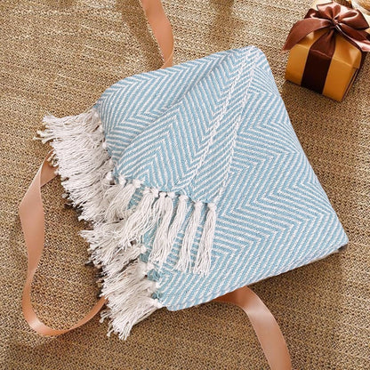 Sky Blue Zig Zag Chevron Cotton Throw Blanket - (125×150 cm / 50×60 inches)
