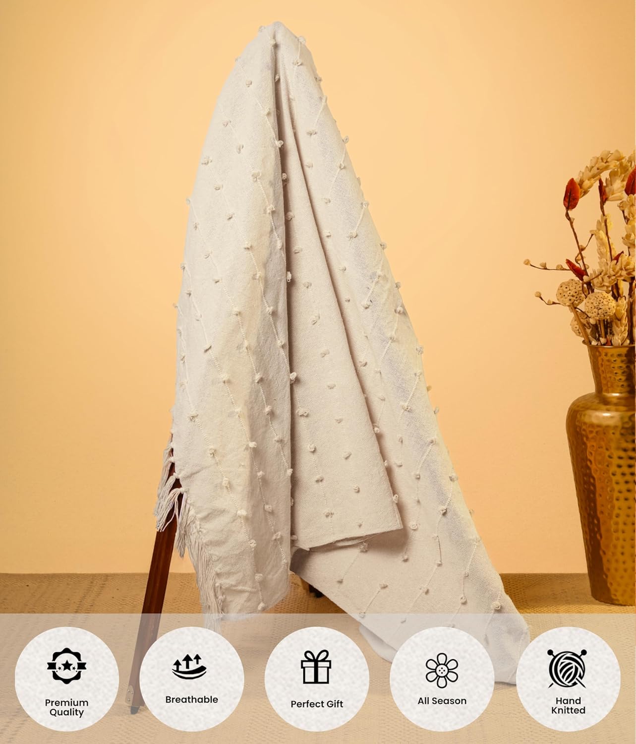 Premium Textured Cotton Throw Blanket with Tassels – 130×180 cm | Soft Sofa & Bed Throw