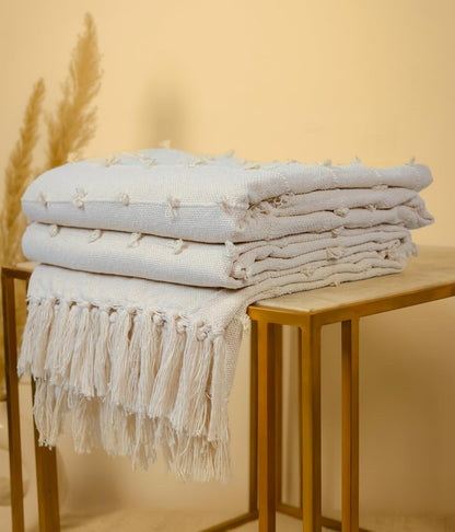 Premium Textured Cotton Throw Blanket with Tassels – 130×180 cm | Soft Sofa & Bed Throw