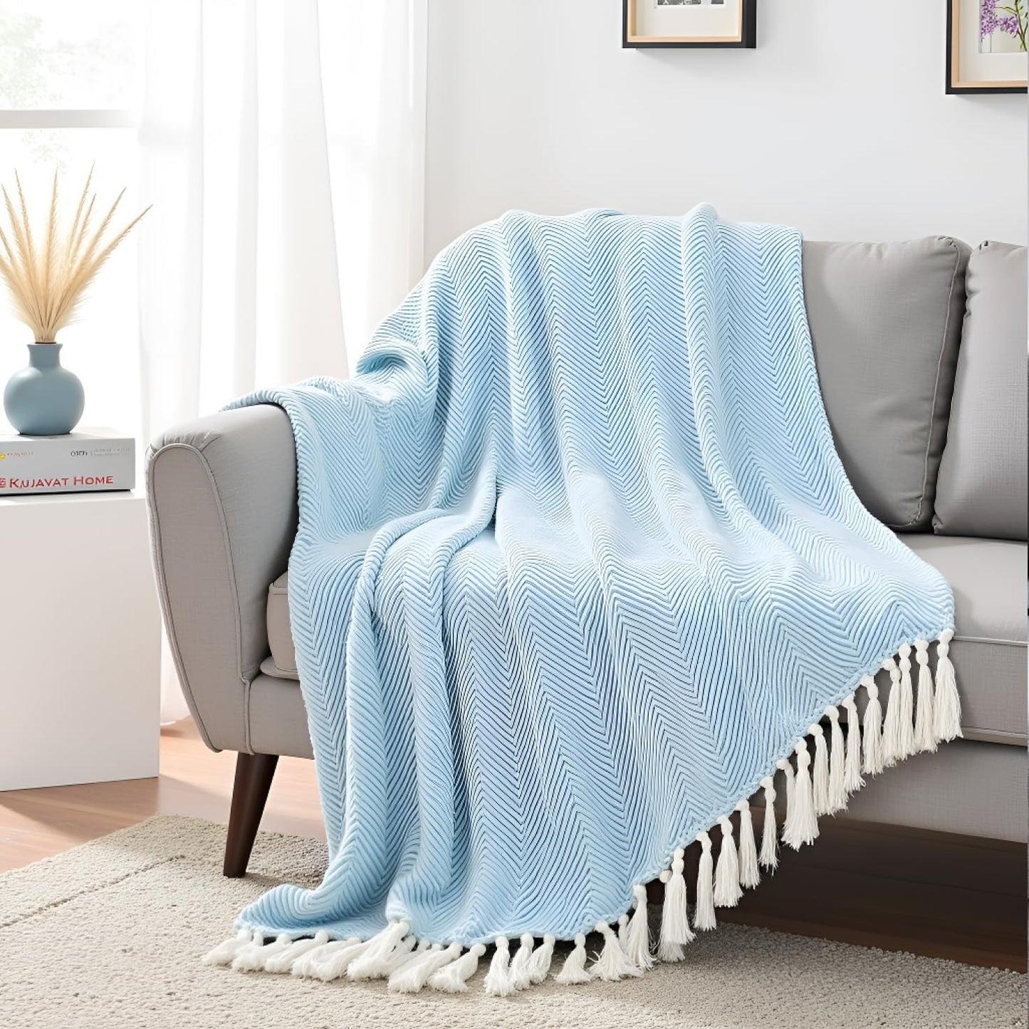 Sky Blue Zig Zag Chevron Cotton Throw Blanket - (125×150 cm / 50×60 inches)