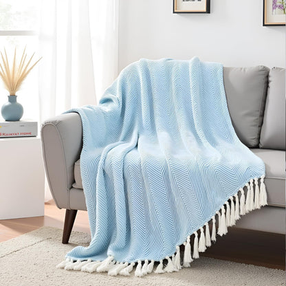 Sky Blue Zig Zag Chevron Cotton Throw Blanket - (125×150 cm / 50×60 inches)