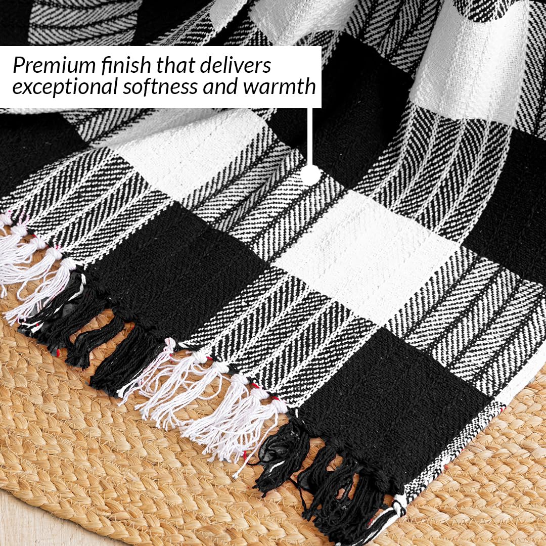 Handwoven Cotton Throw Blanket – Black & White Checkered | Soft Sofa & Bed Throw with Tassels (130×170 cm)