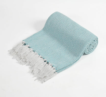 Sky Blue Zig Zag Chevron Cotton Throw Blanket - (125×150 cm / 50×60 inches)