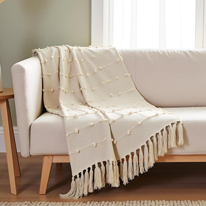 Premium Textured Cotton Throw Blanket with Tassels – 130×180 cm | Soft Sofa & Bed Throw