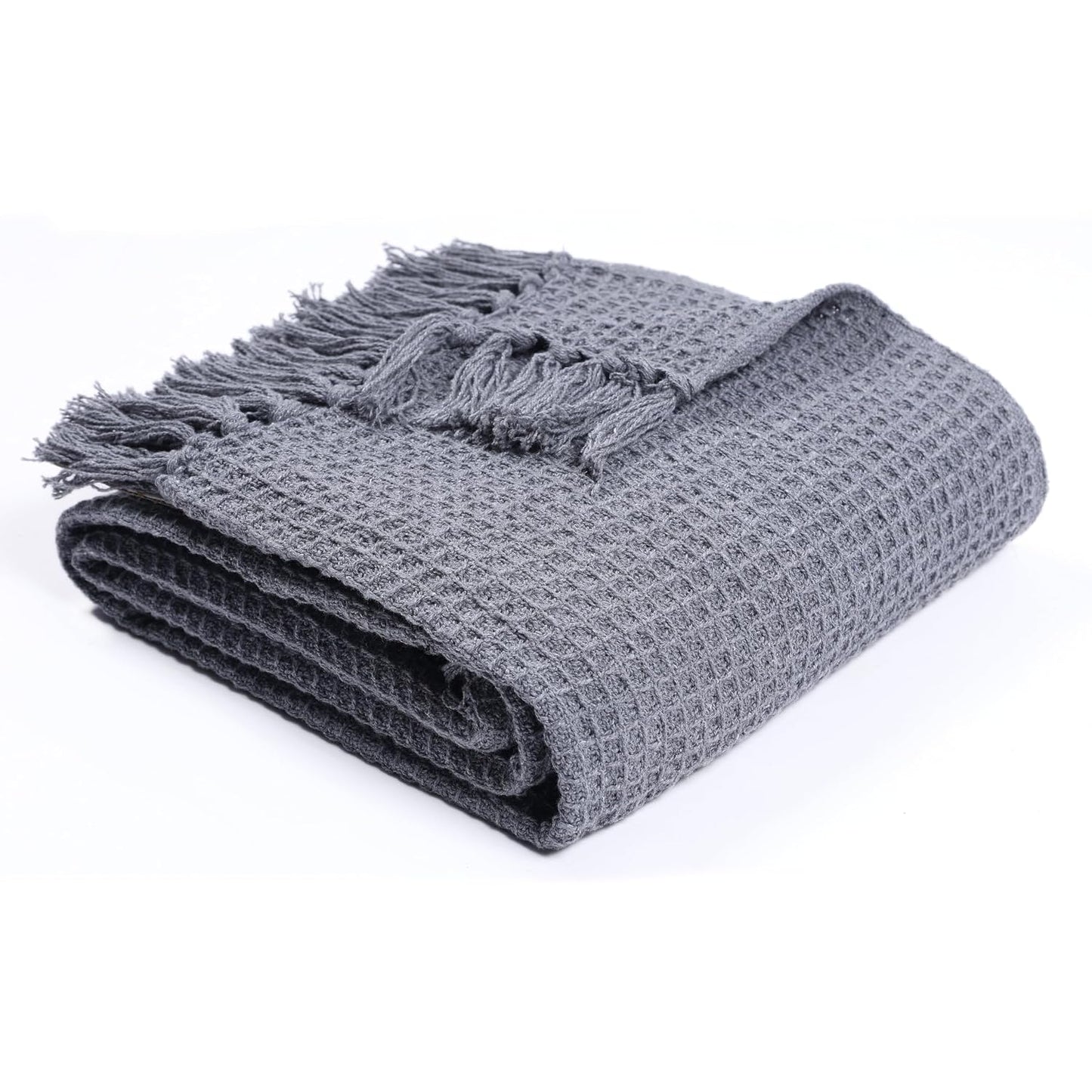 Grey Waffle Weave Cotton Throw Blanket with Tassels | Sofa & Bed Throw | 125 x 150 cm