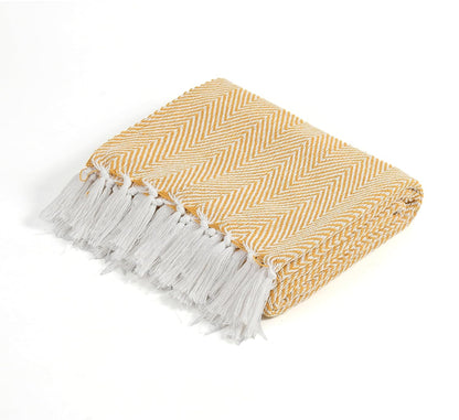 Cotton Herringbone Throw with Tassels for Sofa & Bed – 125×150 cm
