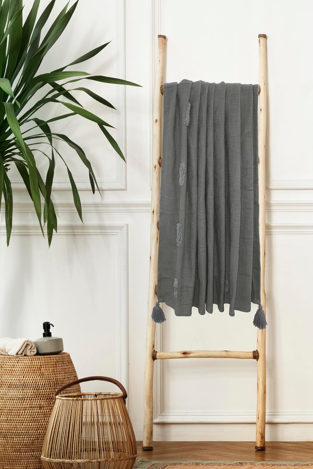 Tufted Cotton Throw Blanket with Tassels – Grey | 125×150 cm