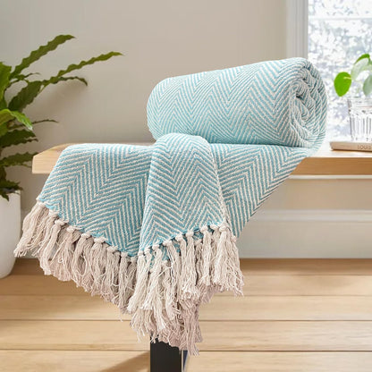 Sky Blue Zig Zag Chevron Cotton Throw Blanket - (125×150 cm / 50×60 inches)