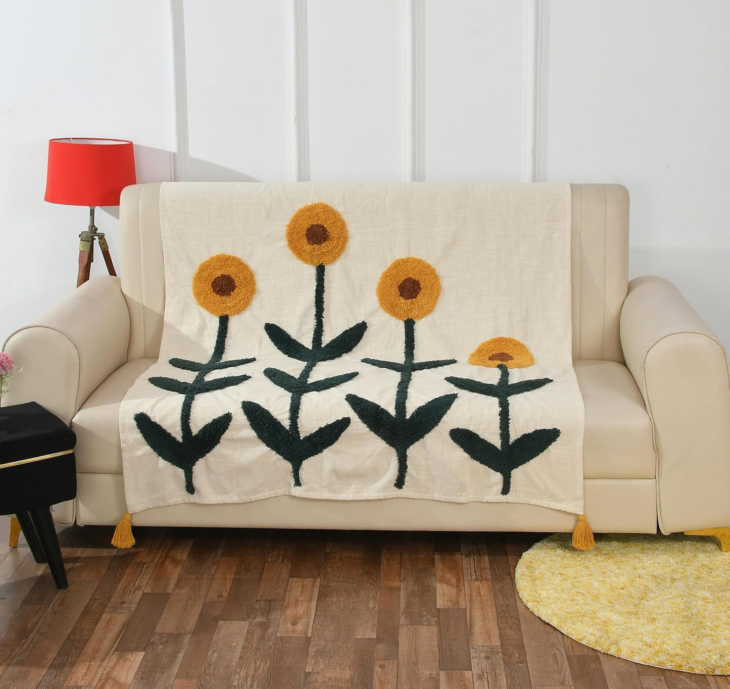 Hand Tufted Floral Cotton Throw Blanket – Beige | 50×60 Inches (125×150 cm)