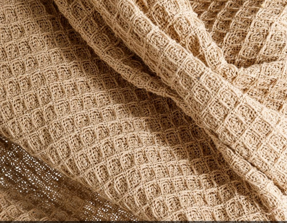 Weavers Hut 100% Cotton Waffle Throw Blanket with Tassels – Soft Breathable Sofa & Bed Throw for Couch, Living Room & Bedroom – Beige – 125 x 150 cm (50 x 60 Inches)