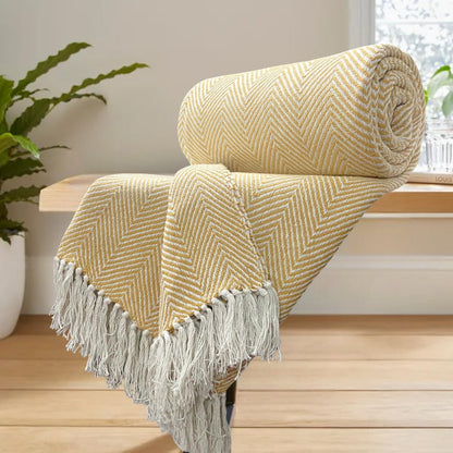 Cotton Herringbone Throw with Tassels for Sofa & Bed – 125×150 cm