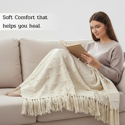 Premium Textured Cotton Throw Blanket with Tassels – 130×180 cm | Soft Sofa & Bed Throw