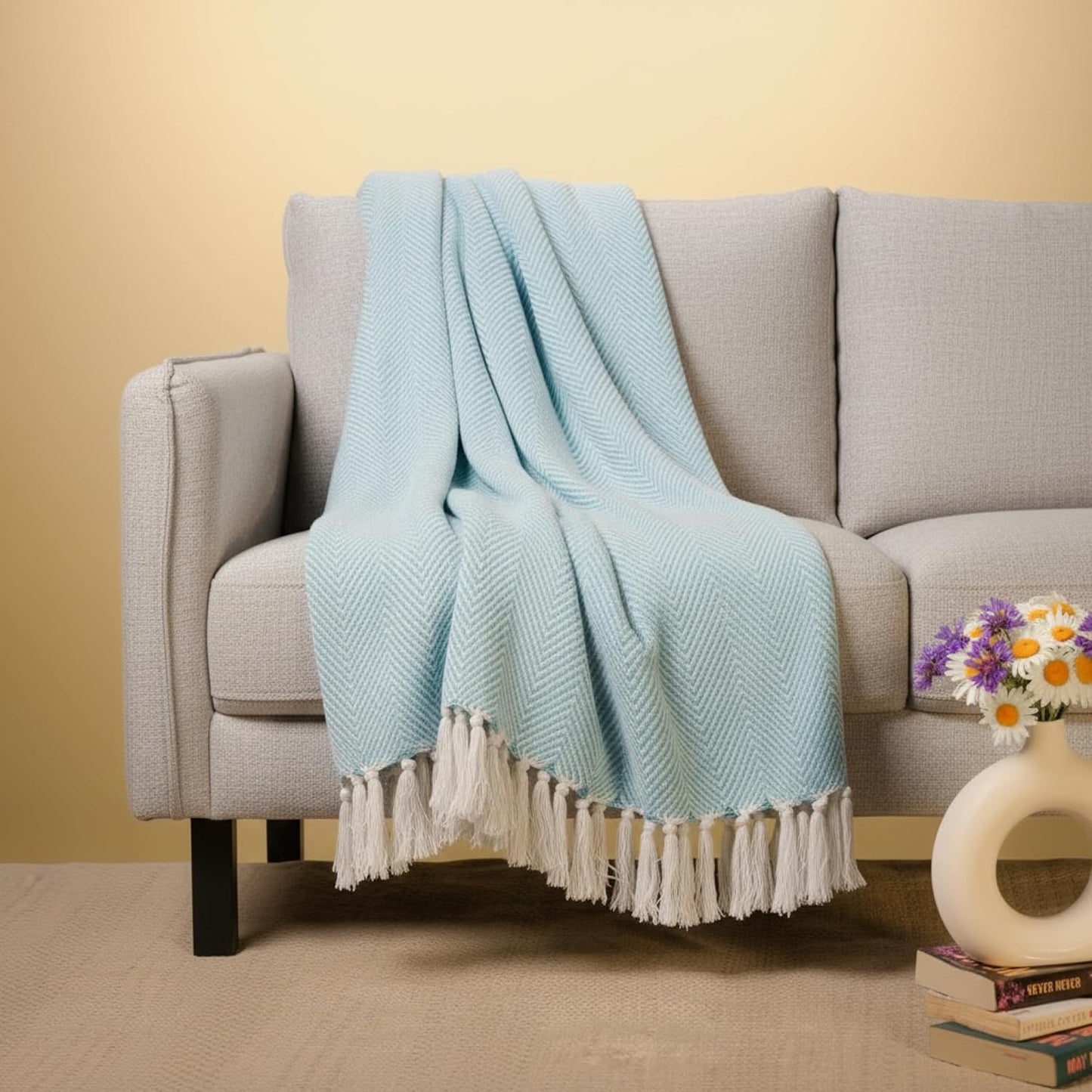 Sky Blue Zig Zag Chevron Cotton Throw Blanket - (125×150 cm / 50×60 inches)