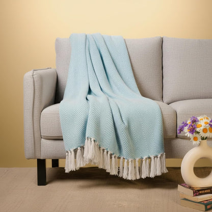 Sky Blue Zig Zag Chevron Cotton Throw Blanket - (125×150 cm / 50×60 inches)