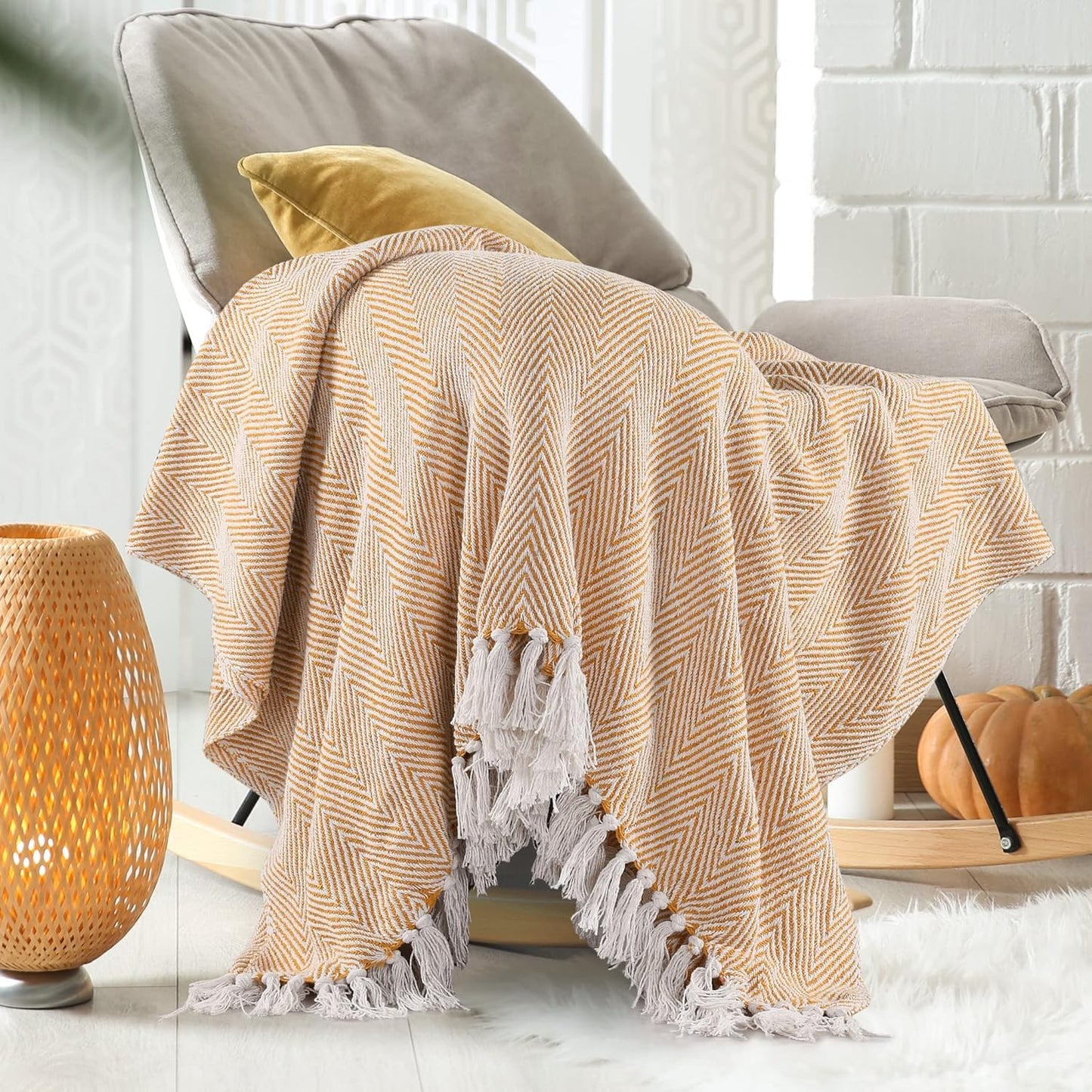 Cotton Herringbone Throw with Tassels for Sofa & Bed – 125×150 cm