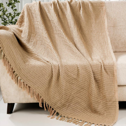 Weavers Hut 100% Cotton Waffle Throw Blanket with Tassels – Soft Breathable Sofa & Bed Throw for Couch, Living Room & Bedroom – Beige – 125 x 150 cm (50 x 60 Inches)