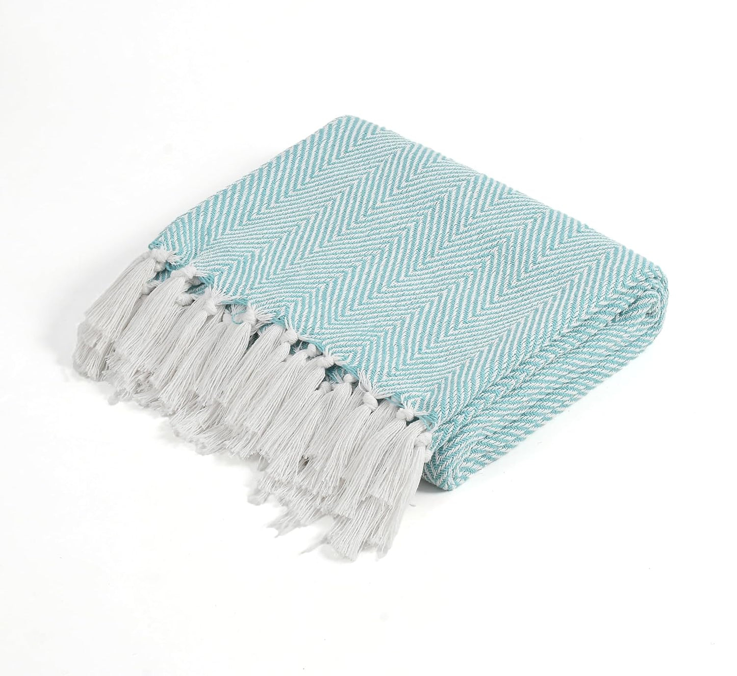 Sky Blue Zig Zag Chevron Cotton Throw Blanket - (125×150 cm / 50×60 inches)