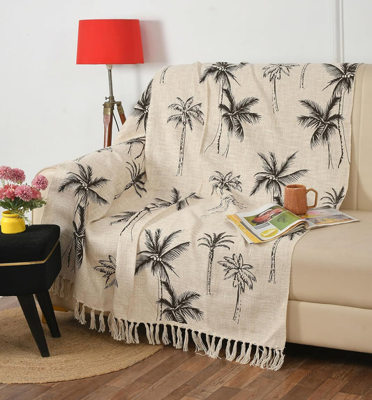 Palm Tree Print Cotton Throw Blanket with Tassels - (125×150 cm)