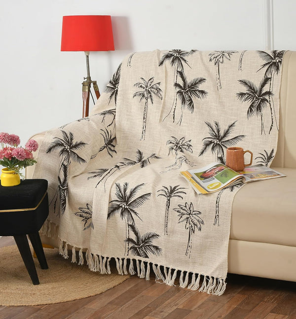 Palm Tree Print Cotton Throw Blanket with Tassels - (125×150 cm)