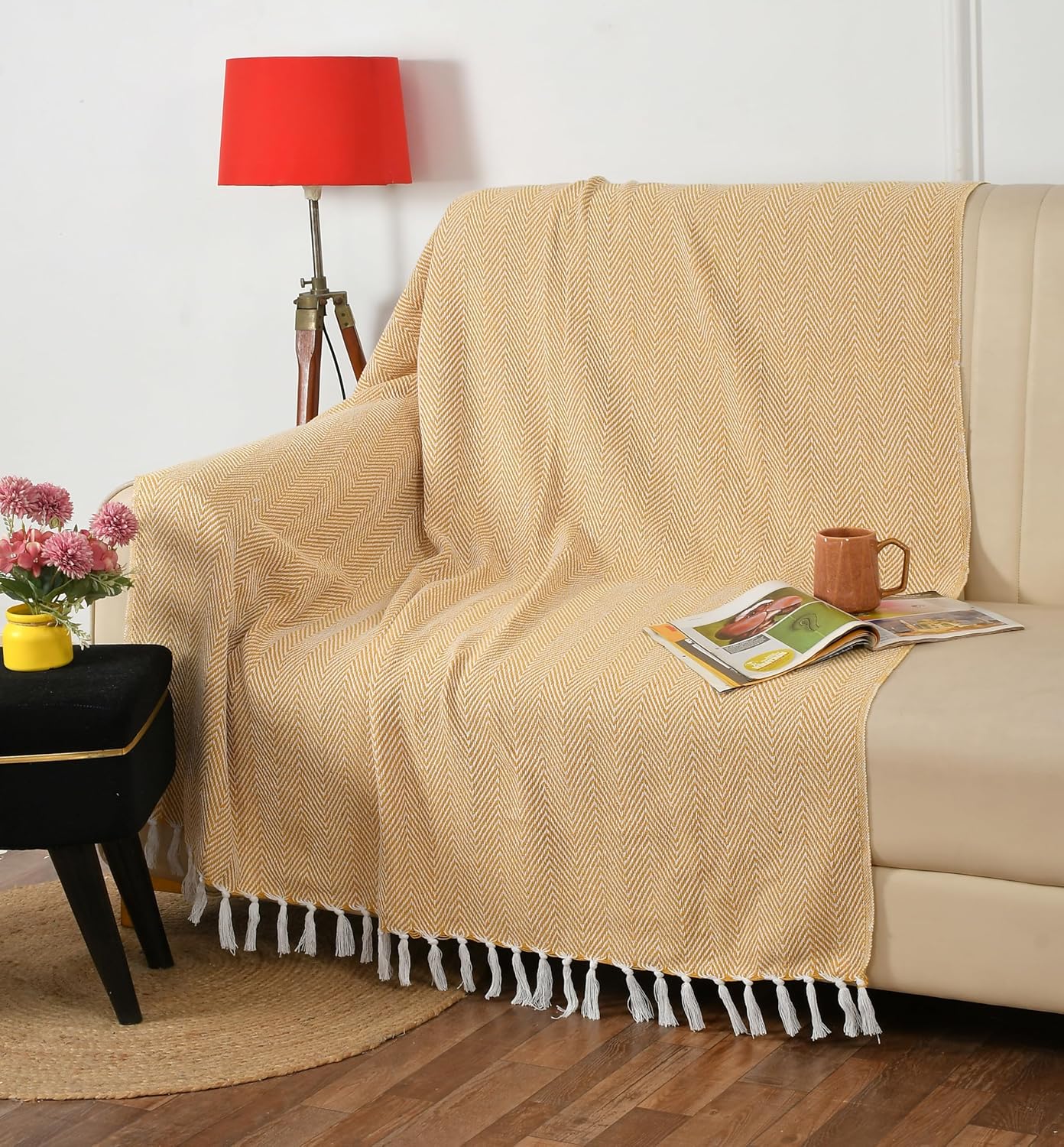 Cotton Herringbone Throw with Tassels for Sofa & Bed – 125×150 cm