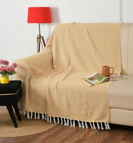 Cotton Herringbone Throw with Tassels for Sofa & Bed – 125×150 cm