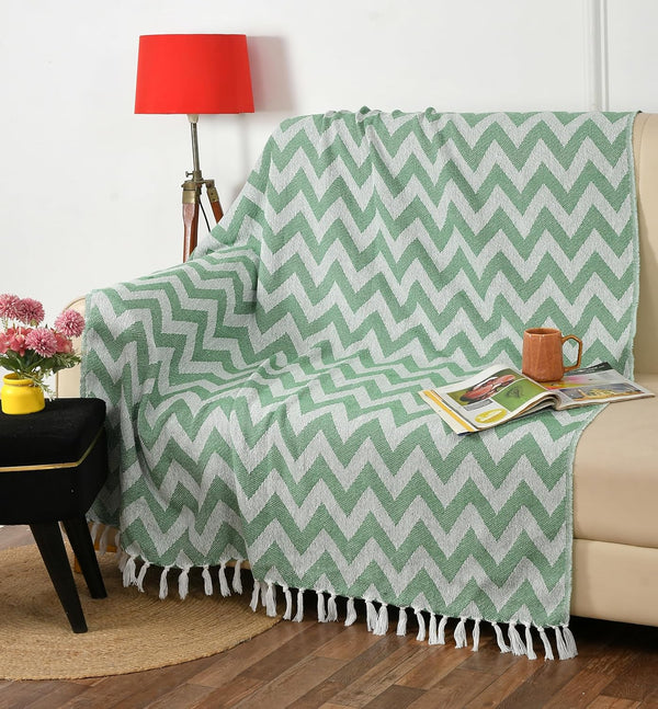 Zigzag Pattern Cotton Throw with Tassels – Green | 130×170 cm
