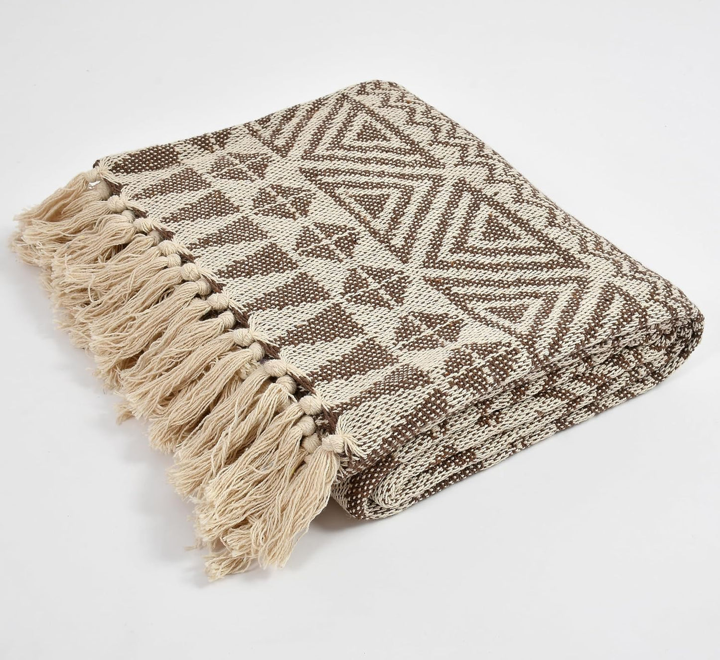 Soft Cotton Lightweight Tribal Pattern Blanket with Tassels – 125×150 cm ( Brown & Beige)