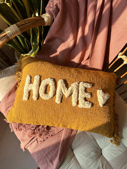 Tufted “HOME” Decorative Cushion Cover – Mustard Yellow | 30×50 cm