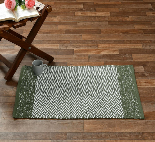 Green & White Handloom Pitloom Accent Rug – Soft Cotton Floor Mat (50×80 cm)