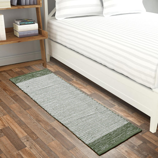 Cotton Handwoven Pitloom Runner Rug – 50×150 cm | Reversible Chevron Floor Runner (Green & White)