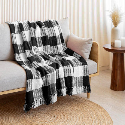 Handwoven Cotton Throw Blanket – Black & White Checkered | Soft Sofa & Bed Throw with Tassels (130×170 cm)