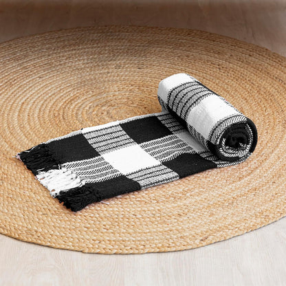 Handwoven Cotton Throw Blanket – Black & White Checkered | Soft Sofa & Bed Throw with Tassels (130×170 cm)