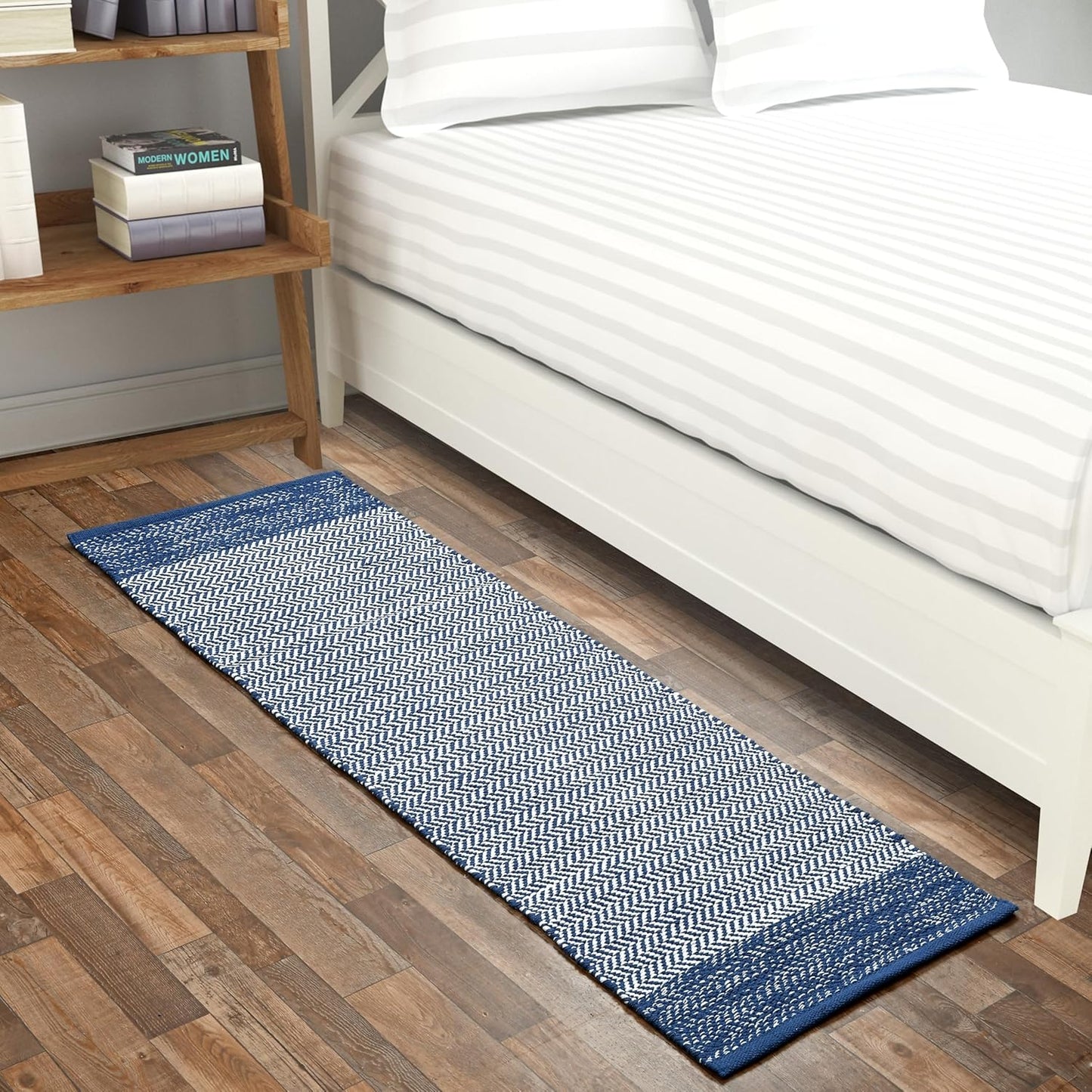 Handloom Cotton Pitloom Runner Rug – 50×150 cm | Soft & Durable Bedside & Entryway Floor Mat (Blue & White)