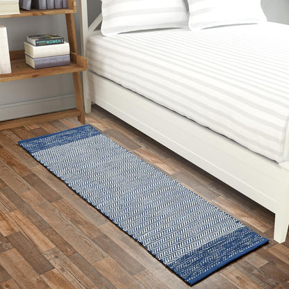 Handloom Cotton Pitloom Runner Rug – 50×150 cm | Soft & Durable Bedside & Entryway Floor Mat (Blue & White)
