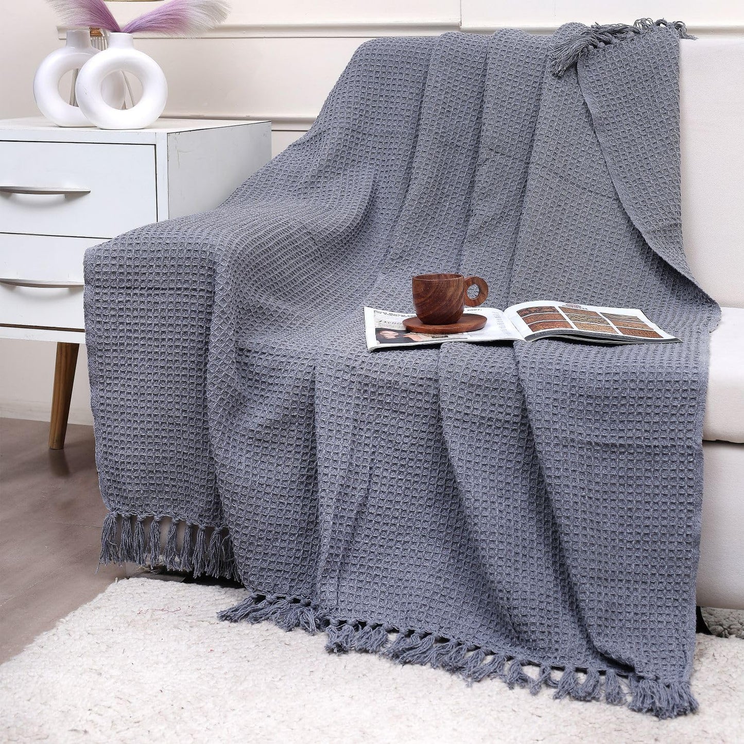 Grey Waffle Weave Cotton Throw Blanket with Tassels | Sofa & Bed Throw | 125 x 150 cm