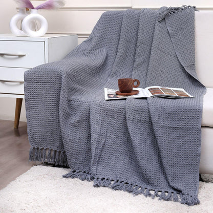 Grey Waffle Weave Cotton Throw Blanket with Tassels | Sofa & Bed Throw | 125 x 150 cm