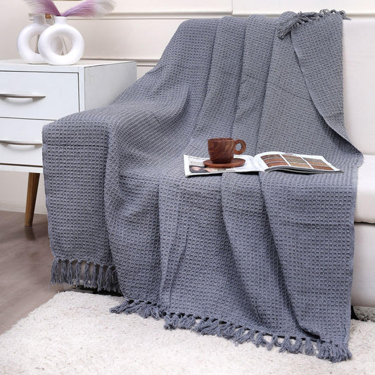 Grey Waffle Weave Cotton Throw Blanket with Tassels | Sofa & Bed Throw | 125 x 150 cm