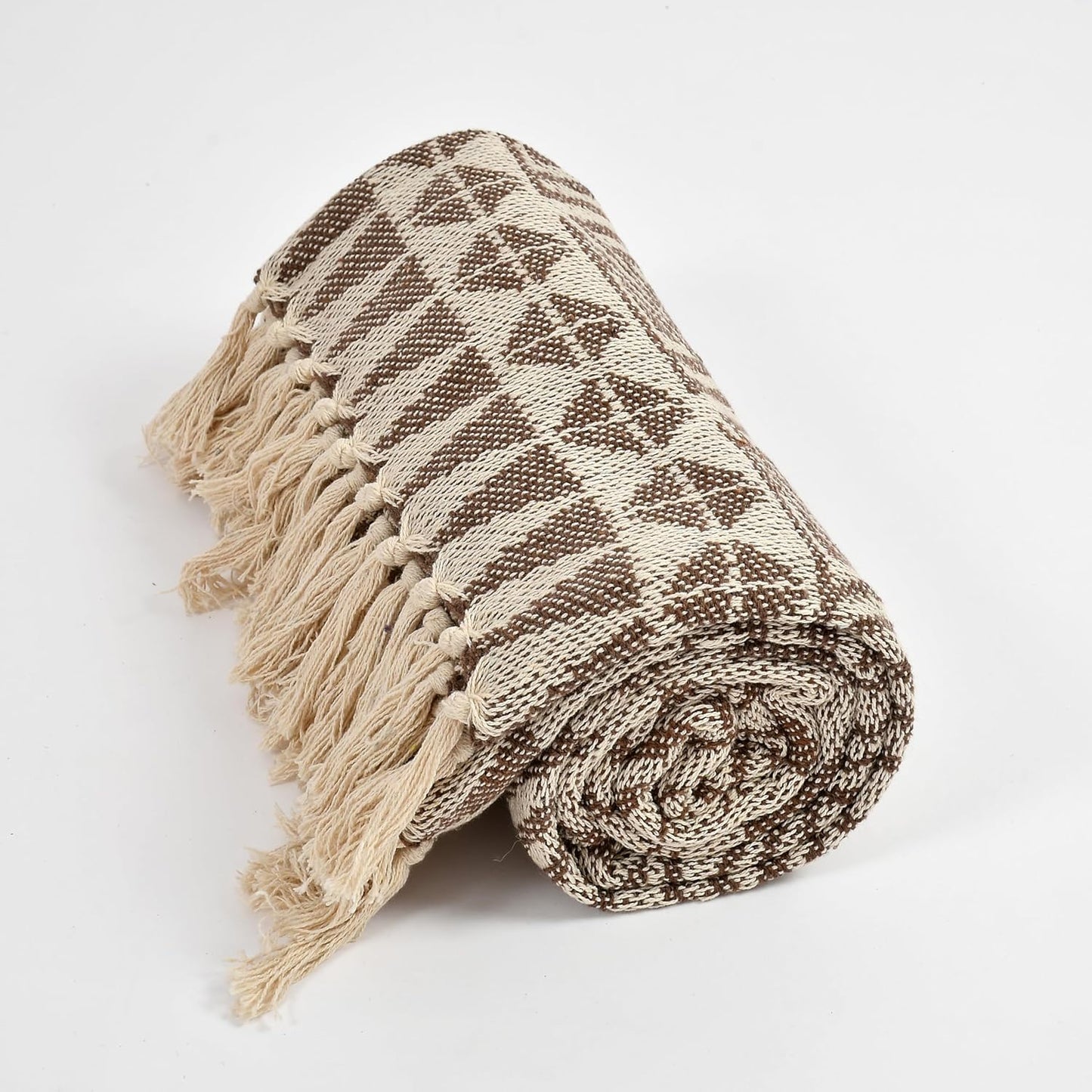 Soft Cotton Lightweight Tribal Pattern Blanket with Tassels – 125×150 cm ( Brown & Beige)