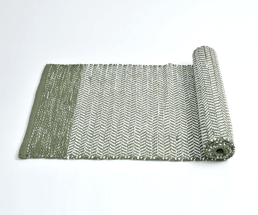 Cotton Handwoven Pitloom Runner Rug – 50×150 cm | Reversible Chevron Floor Runner (Green & White)