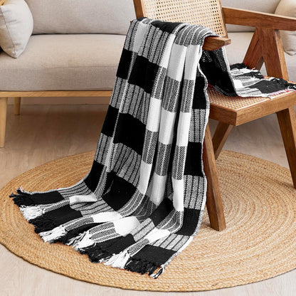 Handwoven Cotton Throw Blanket – Black & White Checkered | Soft Sofa & Bed Throw with Tassels (130×170 cm)